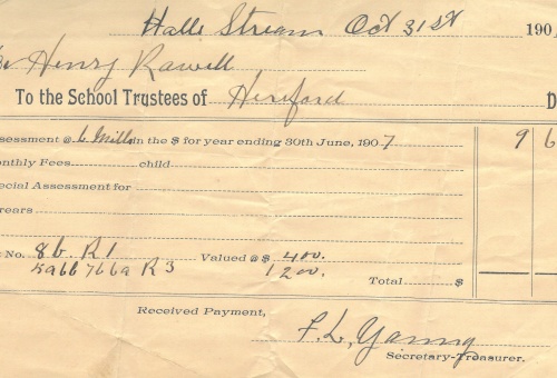 Compte de taxes scolaires de la School Trustees of Hereford 1906