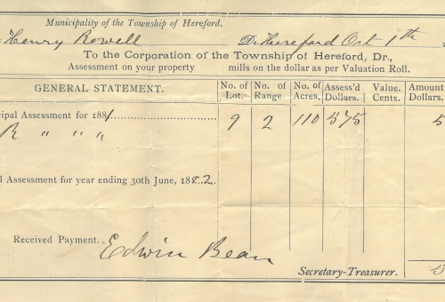 Compte de taxes municipales du Canton de Hereford 1881